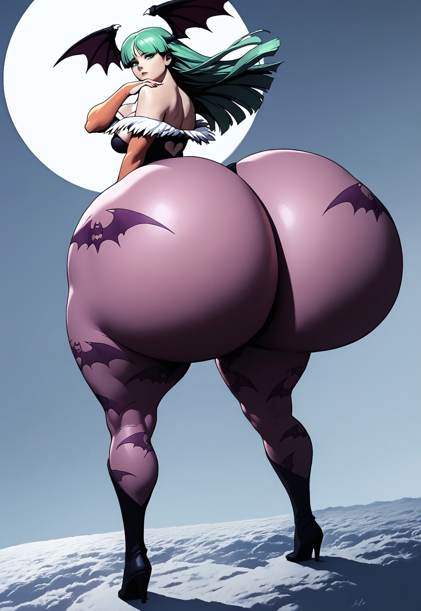 1girls ai_generated big_ass big_thighs blue_background bottom_heavy capcom colossal_ass darkstalkers exaggerated_anatomy green_hair heel_boots huge_ass leotard long_hair looking_at_viewer massive_ass moon moonlight morrigan_aensland mountain pawg solo solo_female succubus wings_on_head