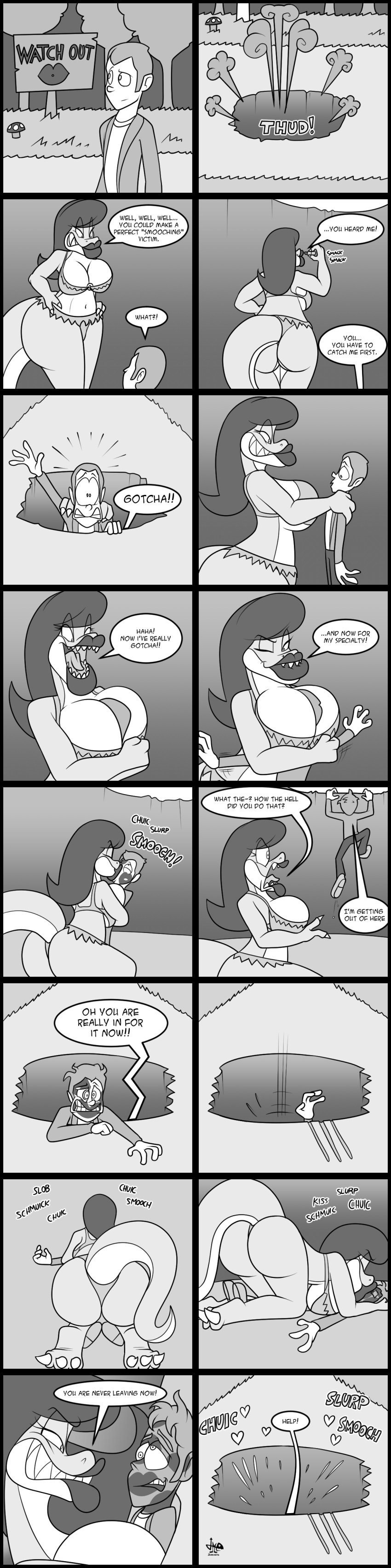 2d amazon amazonian anthro anthro_on_human applying_lipstick asscheeks big_ass big_breasts big_butt big_lips black_and_white breast_smother breasts claws comic_page comic_panel dialogue diana_(jamearts) dinosaur dinosaur_girl dinosaur_tail eyelashes falling flat_colors forest hand_on_hip hips human jamearts kiss_mark kissing kissing large_breasts lifting lifting_person lips lipstick panels saliva saliva_drip scalie sharp_teeth sign size_difference skimpy_clothes smothering spit t-rex tail warning_sign wide_hips