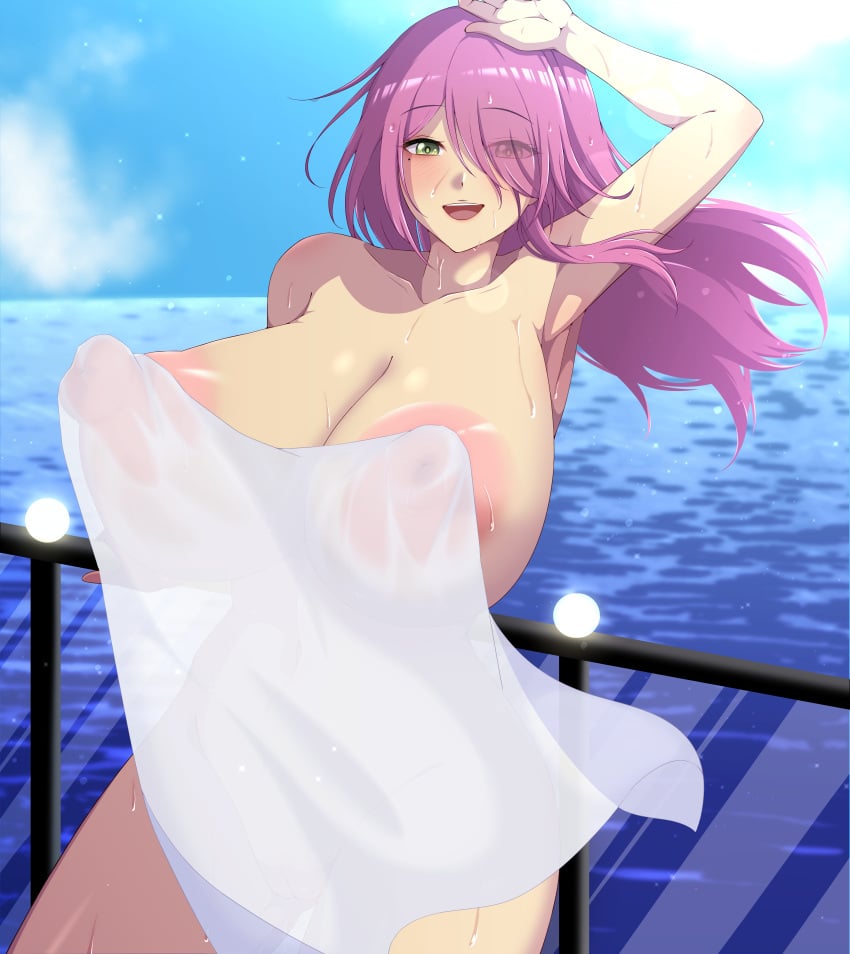 1girls a_(sumi-chan) areolae armpit azur_lane blush breasts eye_visible_through_hair eyebrows_visible_through_hair female female_only green_eyes hair_over_one_eye huge_breasts light-skinned_female light_skin looking_at_viewer magenta_hair nipples on_boat open_mouth sardegna_empire_(azur_lane) see-through_towel solo sweat towel towel_only trieste_(amore_termico)_(azur_lane) trieste_(azur_lane) water