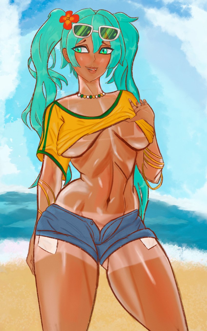 2d 2d_(artwork) areolae areolae_slip athletic athletic_female bare_midriff beach bikini_tan bracelet brazil brazilian brazilian_female brazilian_miku crop_top cyan_eyes cyan_hair daisy_dukes denim_shorts female female_focus female_only flower_in_hair hatsune_miku jean_shorts long_hair navel necklace short_shorts shorts skimpy skimpy_clothes standing sunglasses_on_head t-shirt tagme tan tan_body tan_skin tanline twintails underboob vocaloid zefirix