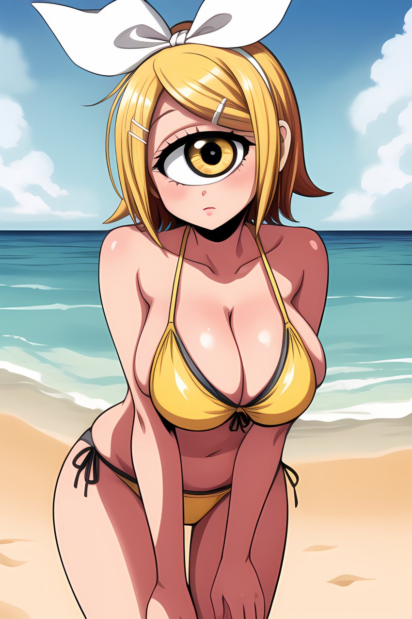 ai_generated beach bikini blonde_hair cyclops female hairpin huge_breasts kagamine_rin ocean short_hair vocaloid white_bow white_hair_bow yellow_bikini