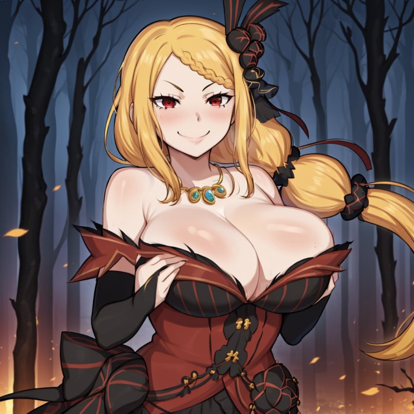 ai_generated big_breasts braided_hair busty_female curvy_figure gigantic_breasts hands hands_on_breasts holding_breast orange_hair priscilla_barielle re:zero_kara_hajimeru_isekai_seikatsu red_eyes red_hair revealing_breasts seductive_look seductive_smile showing_breasts solo_female