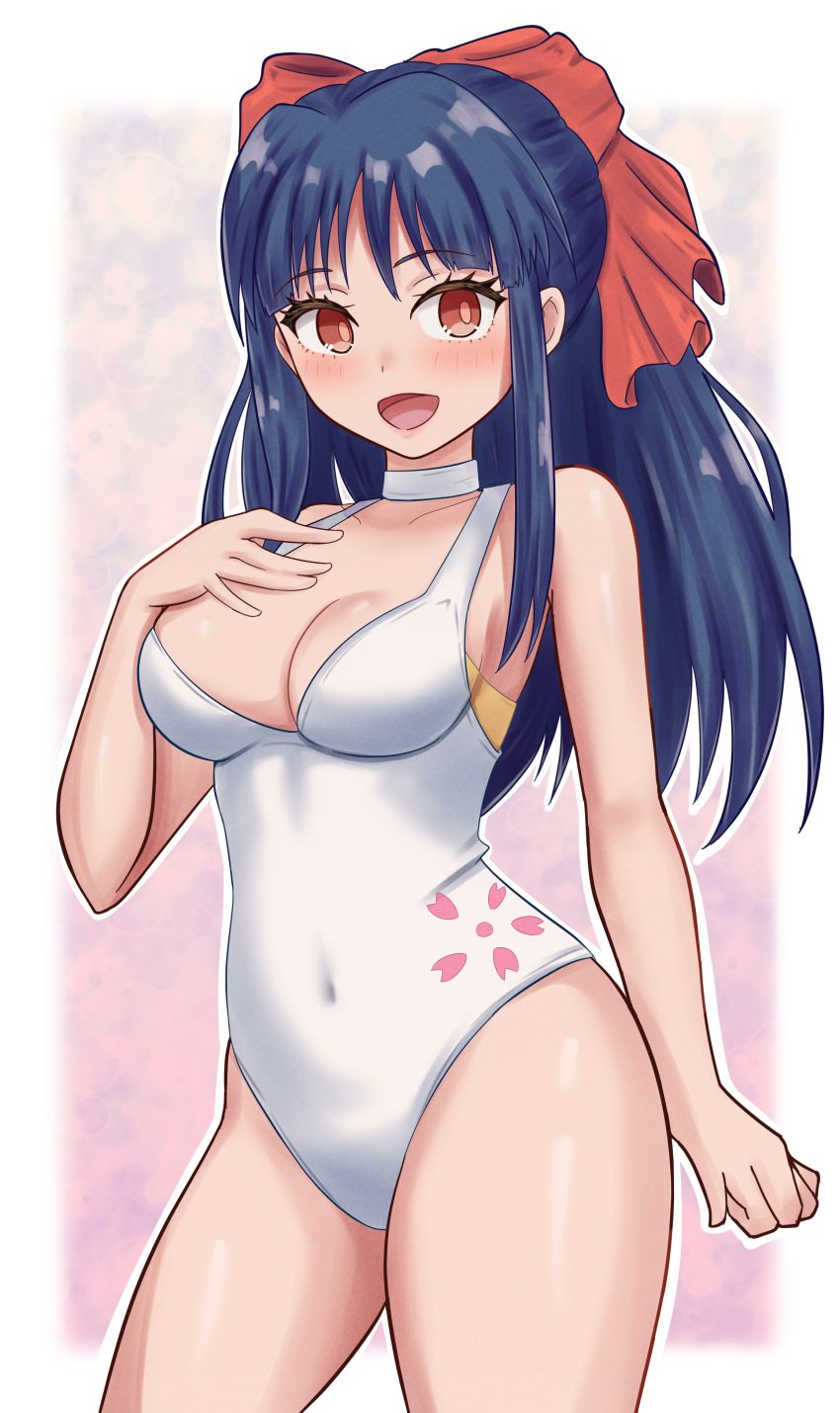 1girls big_breasts blue_hair bow breasts brown_eyes busty cleavage covered_navel curvy female female_only hair_ribbon hand_on_own_chest highres large_breasts legs looking_at_viewer one-piece_swimsuit open_mouth ponytail red_bow ribbon sakura_shinguji sakura_wars sega smile solo swimsuit thighs voluptuous