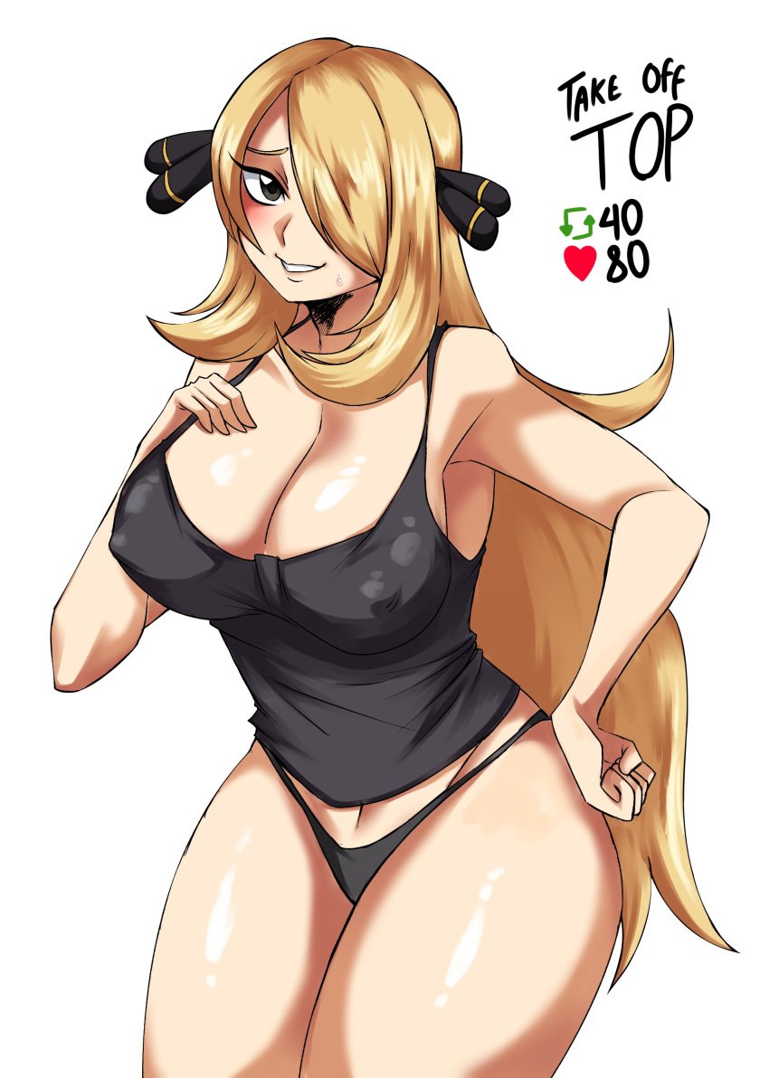 1girls big_breasts blonde_hair blush cynthia_(pokemon) erect_nipples female long_hair nipples nipples_visible_through_clothing panties pokemon thick_thighs tobyllitos underwear