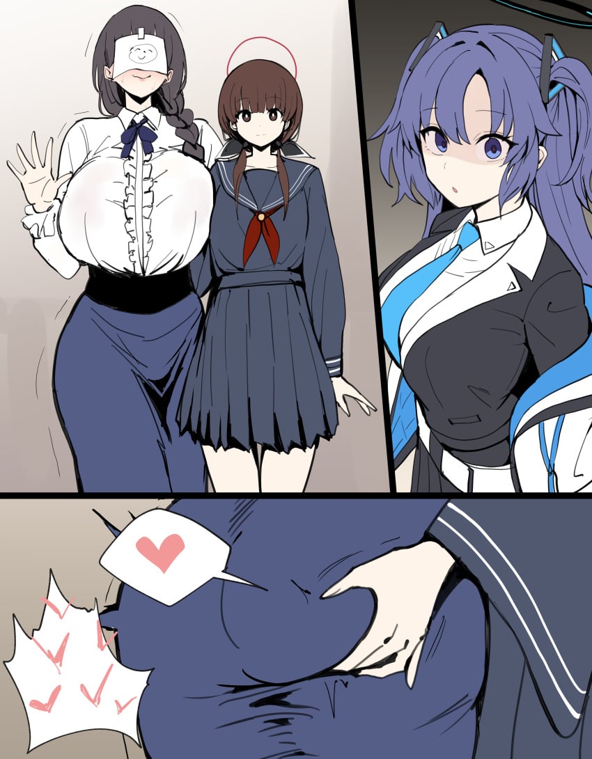 3girls 3koma absurdres artistic_error ass black_hair black_halo black_shirt black_skirt blue_archive blue_eyes blue_necktie blue_skirt braid breasts bright_pupils brown_eyes brown_hair closed_mouth collared_shirt comic cuckquean curvy doodle_sensei_(blue_archive) female_sensei_(blue_archive) grabbing_another&#039;s_ass groping halo hand_on_another&#039;s_ass hand_up heart highres huge_breasts jacket large_breasts long_hair long_sleeves looking_at_viewer multiple_girls narrow_waist necktie netorare off_shoulder ohitome_kohane open_clothes open_jacket open_mouth paper_on_head project_kv purple_hair red_halo school_uniform sensei_(blue_archive) shaded_face shirt single_braid skirt smile spoken_heart stealth_ass_grab thick_thighs thighs through_clothes waving white_pupils white_shirt wide_hips xipa yuri yuuka_(blue_archive)