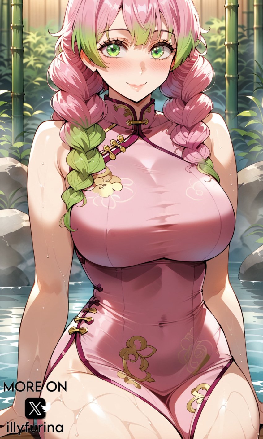 ai_generated bangs big_breasts blush blush_lines braid braided_hair braided_ponytail breasts cheongsam clothed clothing female female_focus female_only flushed_face green_eyes green_hair huge_boobs huge_breasts huge_thighs illyfurina kanroji_mitsuri kimetsu_no_yaiba legs_together looking_at_viewer multicolored_hair pale-skinned_female pale_skin pink_hair qipao qipao_dress seducing seduction seductive seductive_body seductive_eyes seductive_gaze seductive_look seductive_mouth seductive_pose seductive_smile shy sitting smile smiling smiling_at_viewer stable_diffusion thighs waifu waifu_diffusion watermark woman_focus woman_only