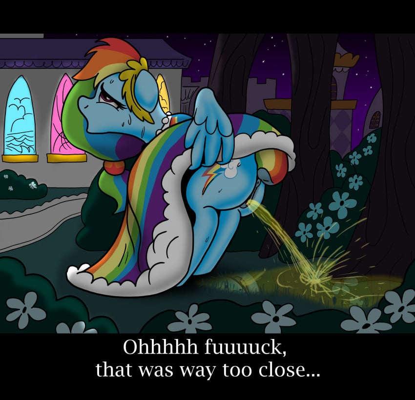 anus canterlot dress dress_lift friendship_is_magic gala_dress mlp my_little_pony outdoors outside peeing pegasus pony ponyvillechaos577 puddle pussy rainbow_dash_(mlp) relief sweat tree wing_hands