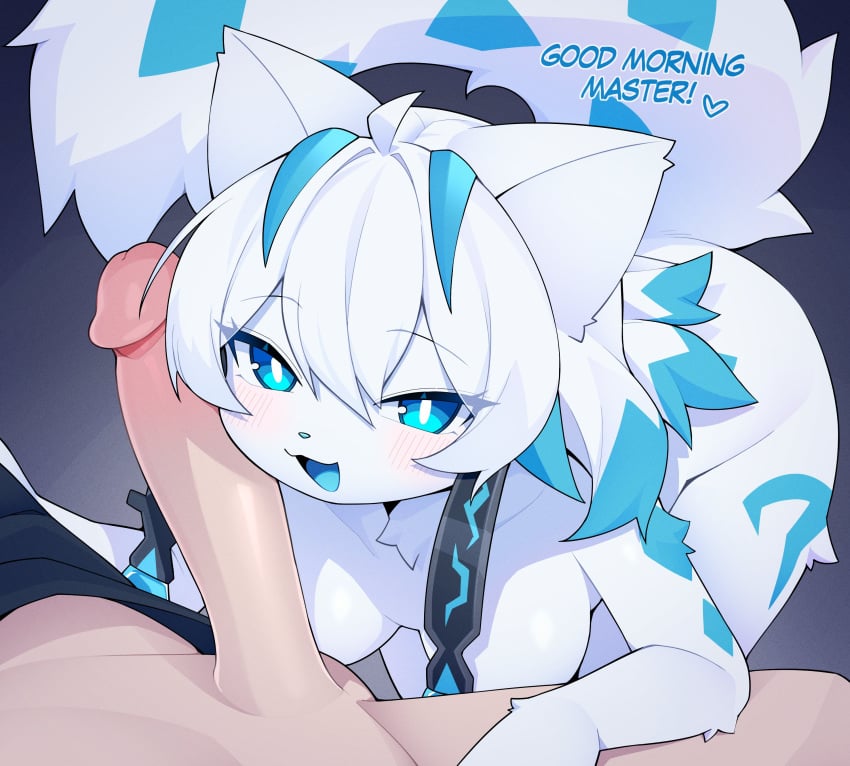 1boy 1girls :3 animal_ears anthro blue_eyes blush chien-pao devil-vox female female_anthro furry male male_human male_human/female_anthro nintendo nude nude_female penis pokemon pokemon_sv pov_eye_contact tagme white_fur white_hair