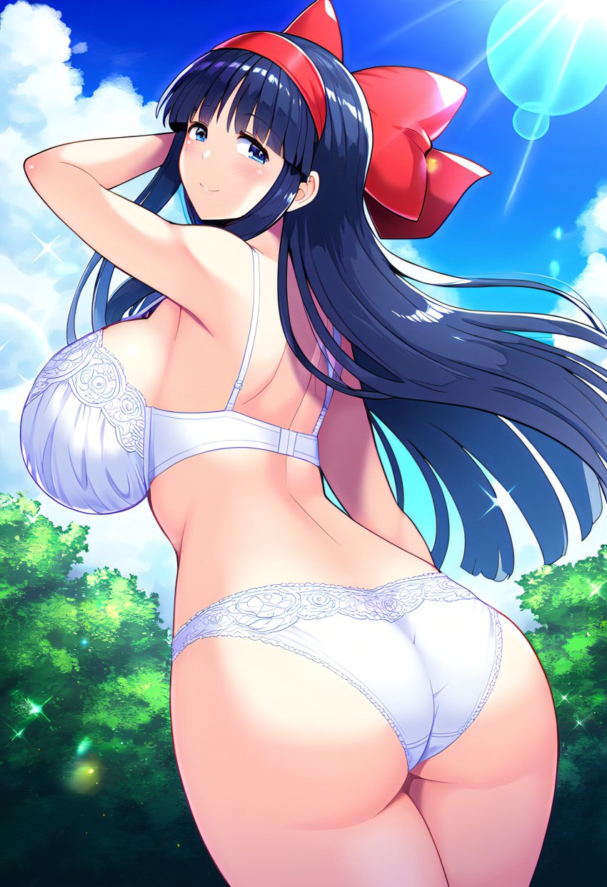 1girls ass big_ass big_breasts blue_eyes blue_hair bra breasts busty confident fat_ass female hair_ribbon hi_res huge_breasts king_of_fighters legs long_hair looking_at_viewer looking_back nakoruru panties pose posing samurai_shodown seductive seductive_smile sensual sideboob smile snk thighs voluptuous