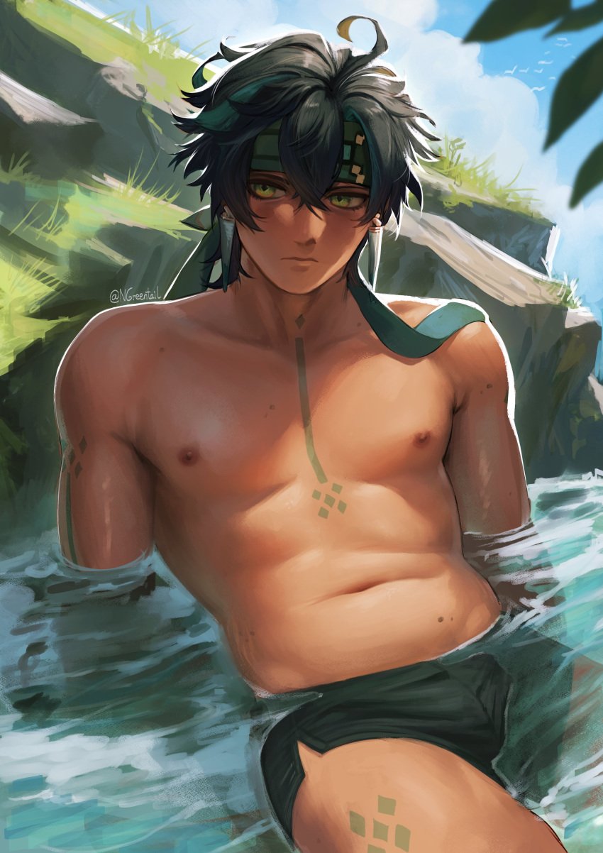 1boy body_markings brown-skinned_male brown_skin headband headgear kinich_(genshin_impact) male male_only native_american_male ngreentail no_visible_genitalia shirtless water