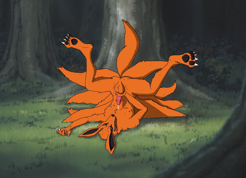 animal_genitalia anthro balls black_fur canine claws cum fangs forest fox fur furry gay grass hi_res kurama looking_at_viewer male male_only mammal masturbation naruto orange_fur paws penis solo spread_legs spreading tree vulpinemutt yaoi