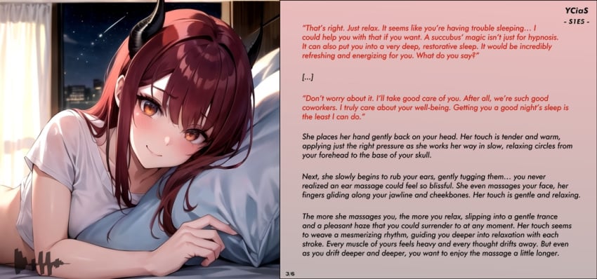 ai_generated bed bedroom cuddling demon demon_girl demon_horns femdom horns long_hair male_pov malesub night office_lady office_worker red_hair story storyline succubus succubus_horns white_shirt yellow_eyes