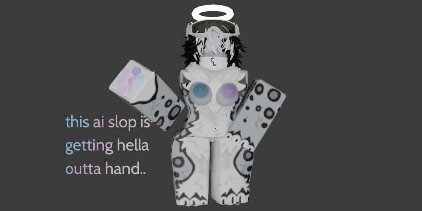 3d 3d_(artwork) 3d_artwork 3d_model 3d_render blender blender_(software) blender_cycles breasts colored_areola facing_viewer female furry goggles_on_head halo hazel34 hazel_(hazel34) joke neck_fur no_sex roblox self_insert self_upload small_breasts snow_leopard solo standing text vagina