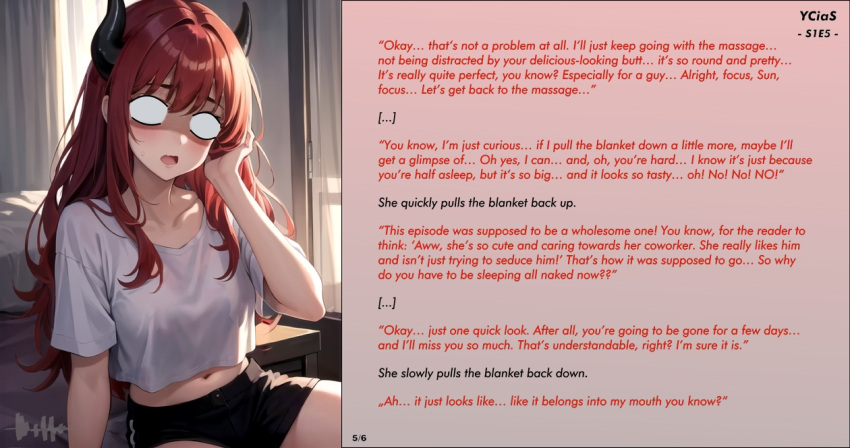 ai_generated cuddling demon demon_girl demon_horns femdom funny horns long_hair male_pov malesub night office_lady office_worker pov red_hair story storyline succubus succubus_horns yellow_eyes