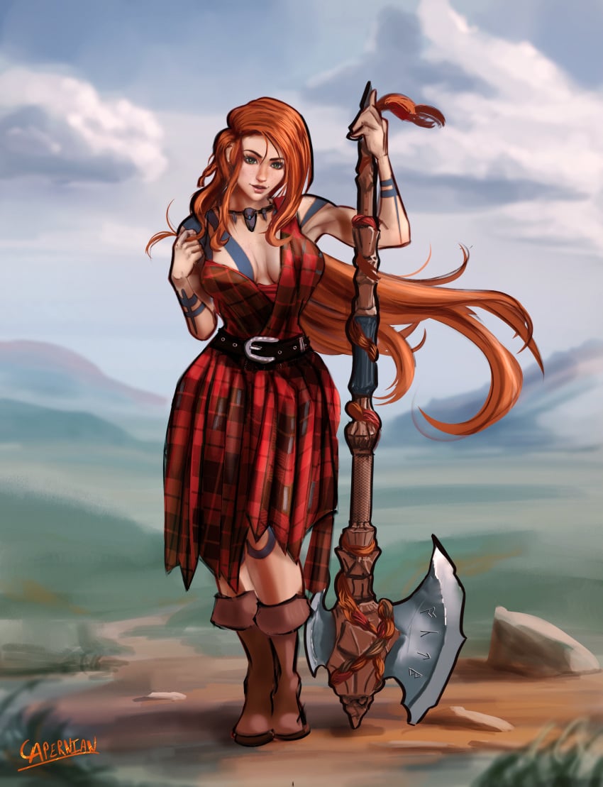 axe barbarian capernian dress dress_pull dungeons_and_dragons medieval oc