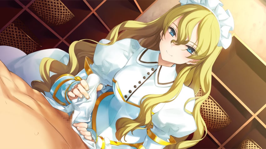 1boy blonde_hair blue_eyes blush censored dutch_angle eiyuu_senki eiyuu_senki_gold female game_cg handjob handjob_over_clothes long_hair looking_at_viewer maid_headdress mosaic_censoring ooyari_ashito penis sir_kay_(eiyuu_senki) smile solo_focus