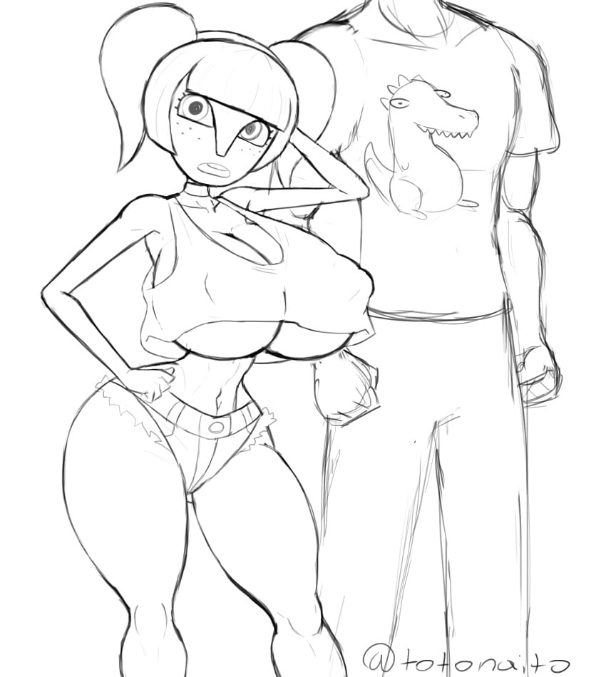 anon bimbo braces cheating_girlfriend_(totonaito) choker daisy_dukes faceless_male freckles freckles_on_face huge_breasts monochrome simple_background sketch tiny_waist totonaito twintails underboob useless_clothing wide_hips