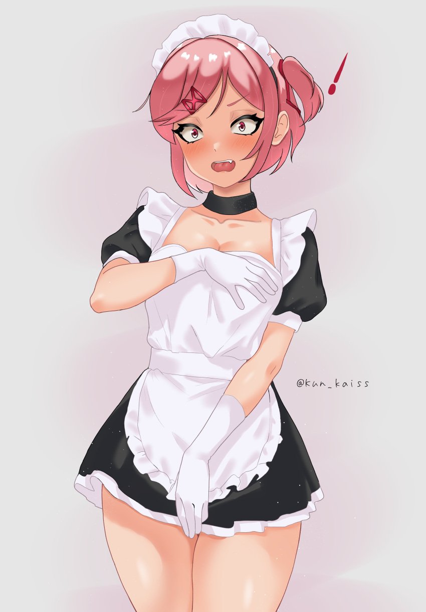 ! 1female 1girls artist_name breasts cleavage doki_doki_literature_club fang female female_only gloves kun_kaiss maid maid_dress maid_headdress maid_outfit maid_uniform mouth_open natsuki_(doki_doki_literature_club) oerba_yun_fang open_mouth pink_eyes pink_hair thighs twitter_username white_gloves