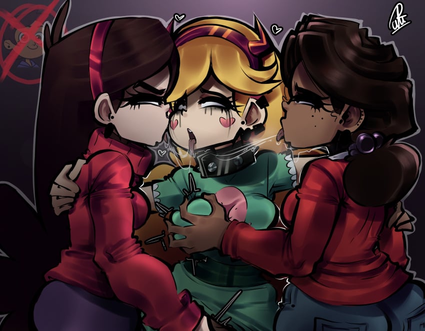 3girls blonde_hair breast_grab breasts brown_hair cassie_(fnaf) clothed ear_piercing earrings eyelashes female female_focus female_only five_nights_at_freddy's five_nights_at_freddy's:_security_breach freckles gravity_falls groping groping_breast headband heart heart_cheeks horns long_hair luz_noceda mabel_pines penicilino123 pepitocuario123 running_makeup running_mascara runny_makeup runny_mascara saliva security_breach:_ruin short_hair spiked_collar star_butterfly star_vs_the_forces_of_evil the_owl_house tongue tongue_out