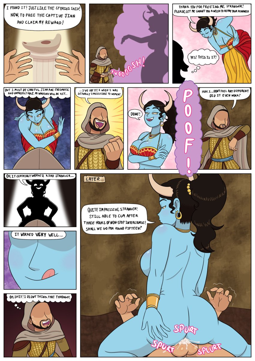 1boy 1boy1girl 1girls big_breasts blue_body blue_skin bowing bracelet cleavage cloak color comic cum cum_in_pussy cum_inside dialogue djinn earrings eyeless eyeless_male genie genie_girl gold_jewelry grasping_hands hair_tied horns interspecies jewelry lamp licking_lips middle_eastern_mythology monster monster_girl motion_lines necklace noxshade nude nude_female nude_male onomatopoeia public_domain red_dress riding speech_bubble text thought_bubble yellow_eyes