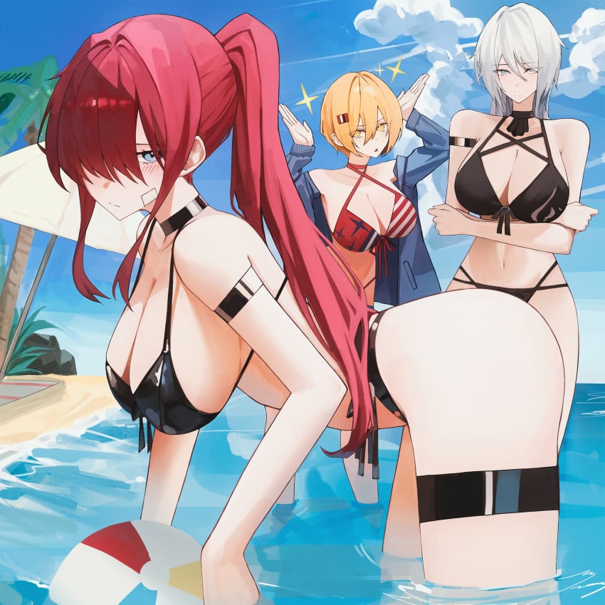 3girls beach beach_ball don_quixote_(limbus_company) faust_(limbus_company) female female_focus female_only large_breasts limbus_company looking_at_viewer multiple_girls project_moon swimsuit two_strongtiger yuri_(limbus_company)