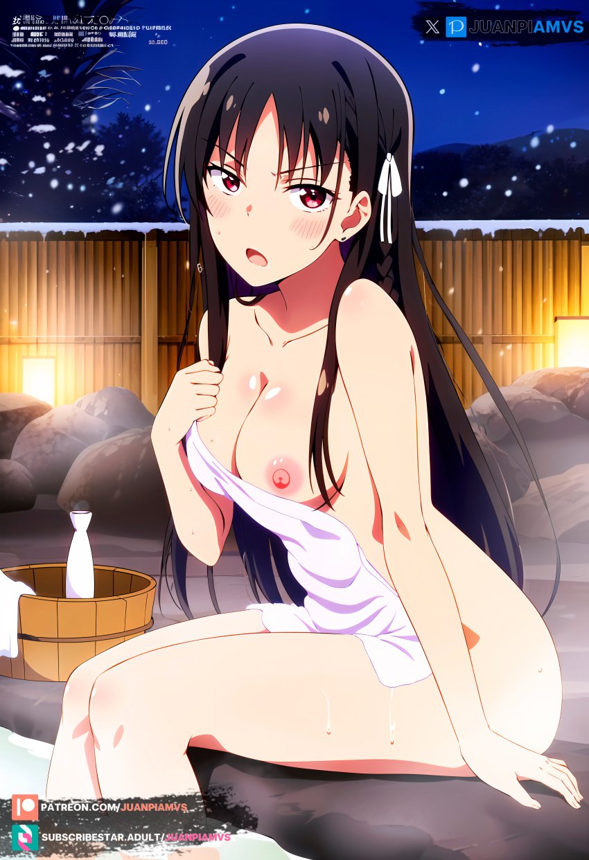 ai_generated big_breasts black_hair blush classroom_of_the_elite curvy curvy_figure hair_ornament horikita_suzune juanpiamvs light long_hair night nipples nude onsen open_mouth patreon patreon_username red_eyes rocks sitting snow subscribestar subscribestar_username sweatdrop towel towel_only water watermark