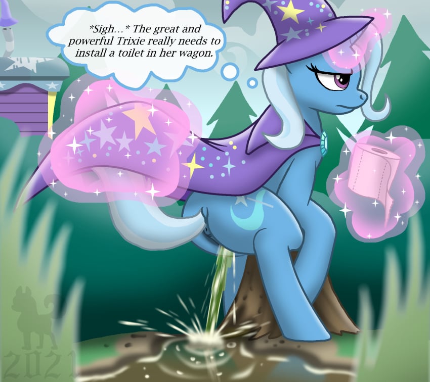 anus cape_lift dated english_text friendship_is_magic magic mlp my_little_pony outdoors outside peeing pony ponyvillechaos577 puddle sitting_pee telekinesis text thought_bubble toilet_paper tree_stump trixie_(mlp) trixie_lulamoon unicorn