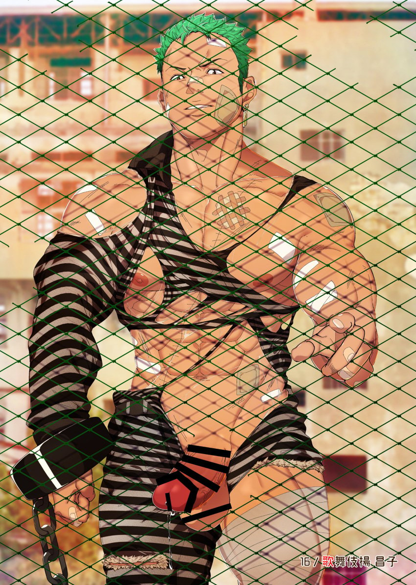 1boy abs artist_request balls bandage bandaid bara censor_bar censored censored_penis censored_testicles earrings erection fence gay green_hair handcuffs hi_res male male_only muscles muscular muscular_arms muscular_legs muscular_male muscular_thighs one_piece patch pecs precum precum_drip prisoner realistic_background roronoa_zoro scar scar_on_chest short_hair solo standing torn_clothes wounded