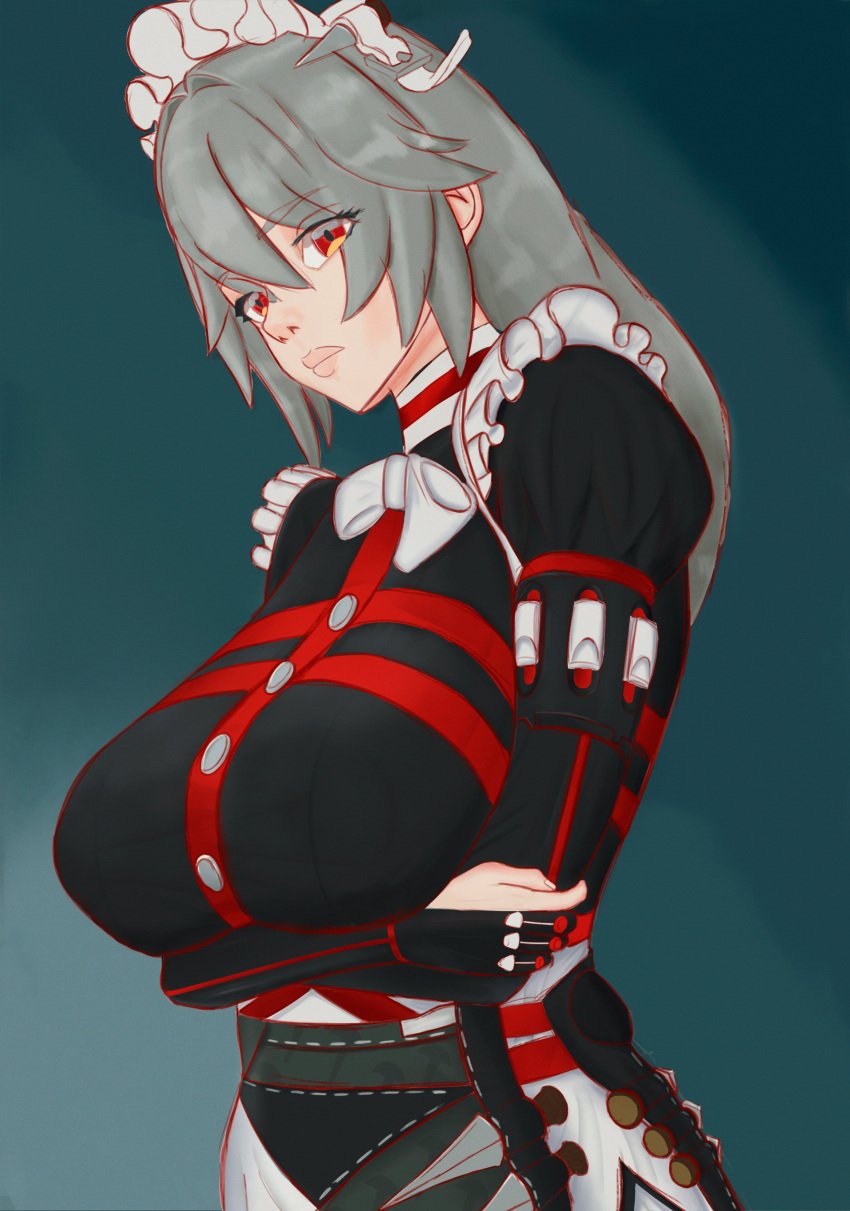 2d 2d_(artwork) alexandrina_sebastiane big_breasts bodysuit breasts busty crossed_arms female female_focus female_only green_hair hourglass_figure large_breasts long_hair looking_at_viewer red_eyes skin_tight standing tagme wide_hips zefirix zenless_zone_zero