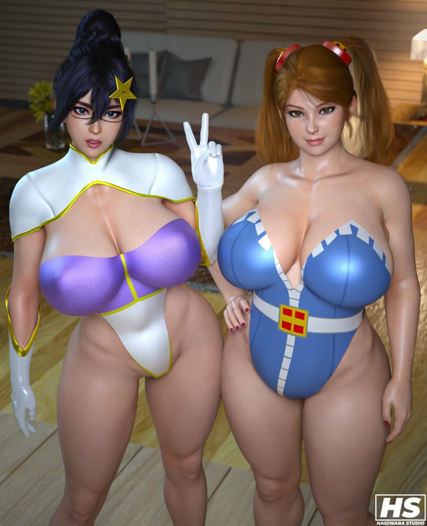 2girls 3d big_breasts bikini_bottom bimbo bimbo_body black_hair blue_eyes breasts brown_eyes brown_hair chubby chubby_female female female_only fumitan_admoss glasses gundam gundam_build_fighters gundam_build_fighters_try gundam_tekketsu_no_orphans hagiwara_studio hair_bun high_resolution highres large_breasts sazaki_kaoruko twintails