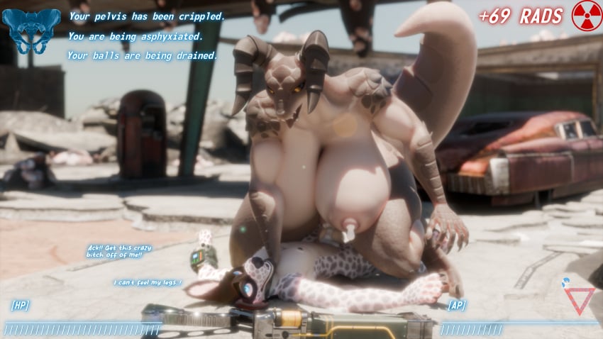 16:9 3d_(artwork) 4k absurd_res anthro big_breasts blender_(artwork) blue_eyes bodily_fluids breasts brown_body brown_scales car claws cowgirl_position cum cum_in_pussy cum_inside day deathclaw desert destroyed_building destruction detailed_background dialogue digital_media_(artwork) duo english_text erection eyes_up fallout female female_penetrated from_front_position fur gas_pump gas_station genital_fluids genitals gun hand_on_neck hi_res horn huge_breasts hyena lactating latiospegasus light looking_at_another male male/female male_on_bottom male_penetrating male_penetrating_female mammal microsoft mikey_the_hyena milk muscular nipples nude on_bottom on_top open_mouth orange_eyes outside penetration penile penile_penetration penis penis_in_pussy pussy ranged_weapon scales scalie sex sky spotted_hyena sunlight tail teeth text thick_thighs tongue tongue_out vaginal_penetration vaginal_penetration vehicle watermark weapon white_body wide_hips widescreen