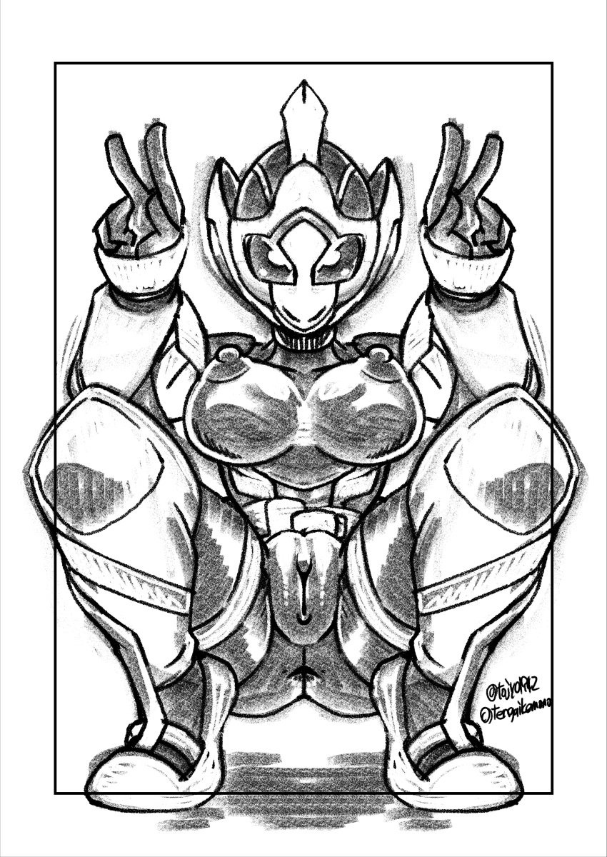 1girls breasts female female_focus female_only helmet kamen_rider kamen_rider_jeanne kamen_rider_revice_(series) large_breasts legs_apart looking_at_viewer nipples peace_sign pussy pussy_lips sakura_igarashi solo solo_female solo_focus spread_legs squatting thick thick_thighs thighhighs thighs tojyo v_sign