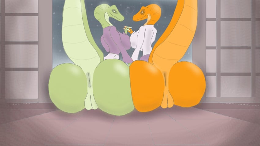 anthro anus ass ass_to_ass big_breasts big_butt bottomless breasts butt_focus c1a3 clothed clothing curvy_figure deinonychus dinosaur dromaeosaurid duo female female/female genitals green_body green_scales hand_holding looking_at_viewer markings multicolored_body night orange_body orange_scales prehistoric_species presenting presenting_anus presenting_hindquarters presenting_pussy pussy raised_tail reptile scales scalie simple_background sitting small_waist smile smiling_at_viewer tail theropod thick_thighs two_tone_body velociraptor