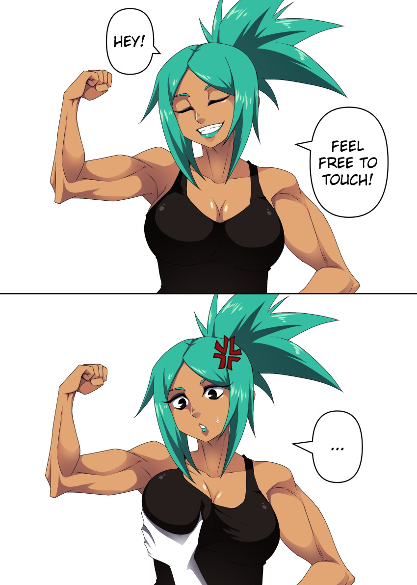 1girls angry big_breasts blush breasts cerebella female femdom grabbing grabbing_breasts meme muscular skullgirls sports_bra tobyllitos