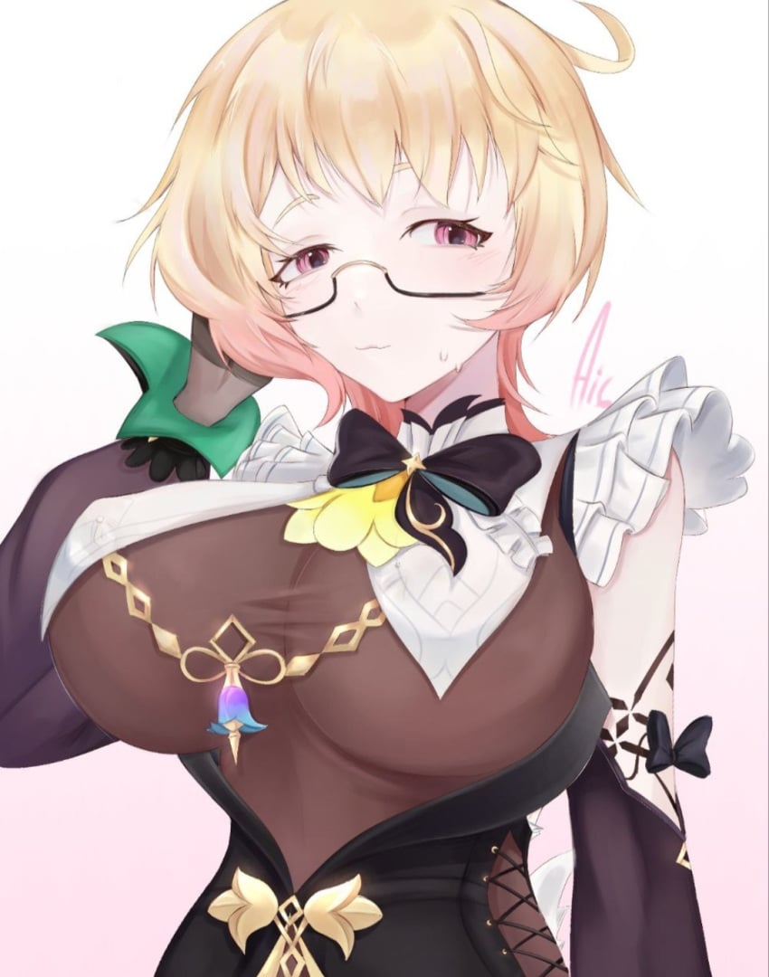 :3 blonde_hair breasts covered_nipples cutie_honey emilie_(genshin_impact) emilie_(guerlain)_(genshin_impact) emilie_genshin_impact gensinimpact glasses gloves highres large_breasts non-web_source official_alternate_costume pink_eyes pink_hair short_hair smile solo upper_body