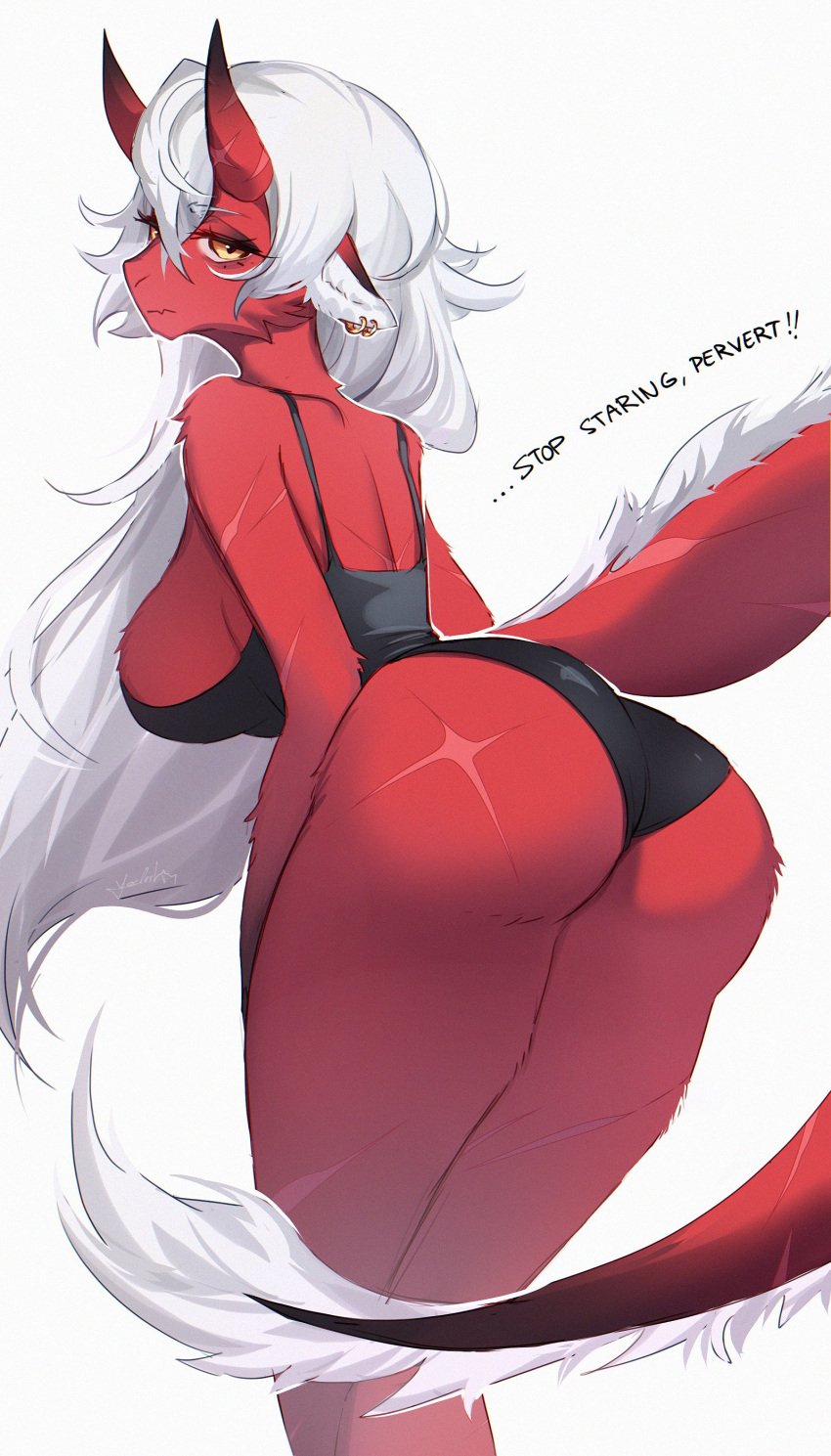 1girl akumi ass bare_shoulders bent_over big_breasts black_panties breasts demon_girl earrings female from_behind furry grey_background hair_between_eyes horns jewelry large_breasts long_hair looking_at_viewer looking_back panties pointy_ears red_fur red_skin scars sideboob simple_background smile solo tail thighs underwear virtual_youtuber vyugen white_background white_hair yellow_eyes yoclesh