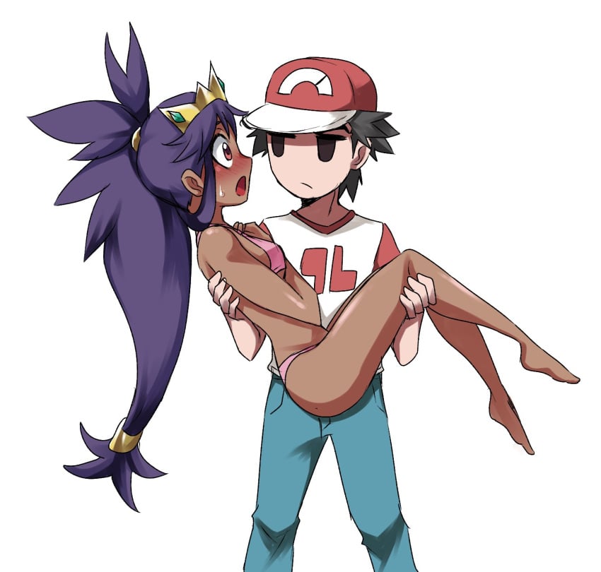 1boy 1girls bikini blush dark-skinned_female dark_skin female human human_only iris_(pokemon) lifting light-skinned_male light_skin male male/female pokemon pokemon_bw pokemon_rgby pokemon_sm red_(pokemon) small_breasts tobyllitos