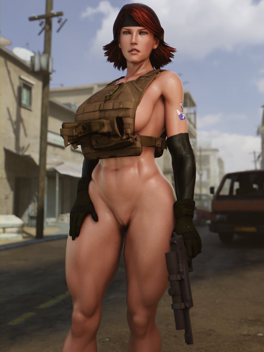 1girls 3d 3d_(artwork) abs armwear athletic_female big_breasts blender_(software) bottomless breasts bulletproof_vest city_background cloud daytime fit fit_female gloves gun headband hips holding_weapon human large_breasts long_gloves mature_female medium_hair meryl_silverburgh metal_gear metal_gear_solid military_uniform muscular muscular_female outdoors parted_lips pussy redhead shaved_crotch sideboob sky slim_waist solo standing street tagme tattooed_arm thick_thighs thighs tomboy toned_stomach vensaku voluptuous