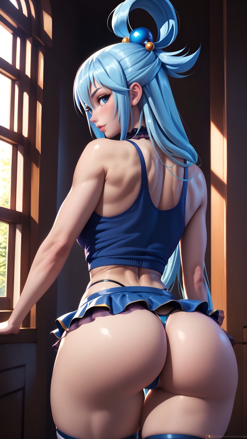 3d 3d_(artwork) ai_generated aqua_(konosuba) ass ass_focus bare_shoulders big_ass big_butt breasts covered_pussy firm_ass focus focus_on_ass from_behind hourglass_figure huge_ass huge_butt kono_subarashii_sekai_ni_shukufuku_wo! light_body light_skin looking_back microskirt miniskirt nsfw round_ass round_butt seducing seduction seductive seductive_body seductive_eyes seductive_gaze seductive_look seductive_mouth seductive_pose shiny shiny_ass shiny_butt shiny_clothes shiny_skin simple_background skirt sky4maleja standing tank_top thong thong_above_skirt thong_bikini thong_only thong_underwear