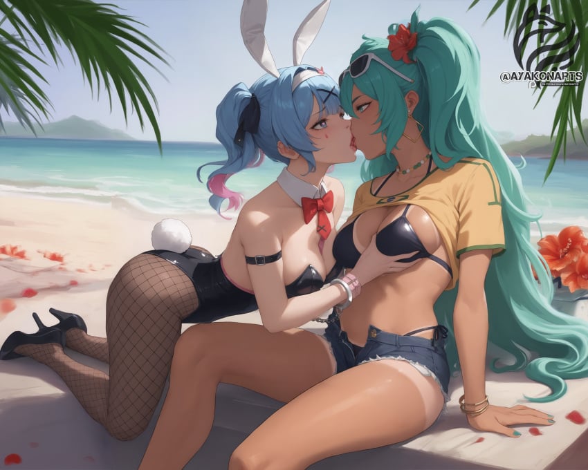 ai_generated ayakonarts brazil brazilian brazilian_female brazilian_miku hatsune_miku kissing rabbit_ears rabbit_girl rabbit_hole_(vocaloid) vocaloid yuri