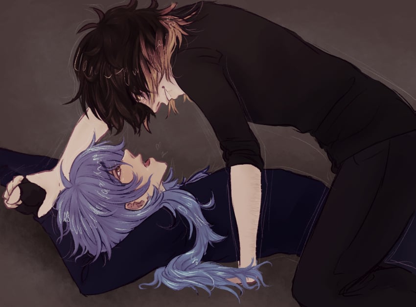 2boys aoba_seragaki dramatical_murder drool drooling nitro+_chiral pinned pinned_down scars self_harm_scars slow_damage towa_(slow_damage) towaoba xkagehira yaoi