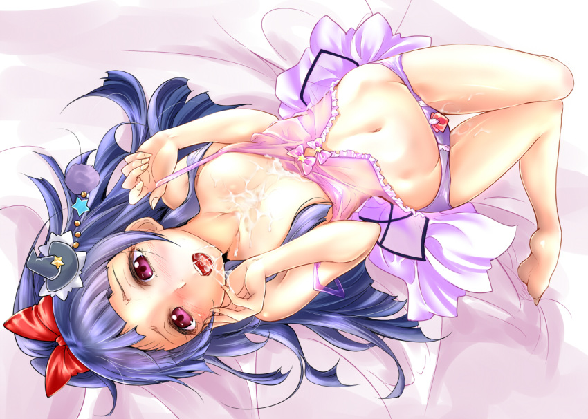 1girls babydoll bangs barefoot blue_hair blush bow breasts cum cum_on_body cum_on_breasts cum_on_lower_body cum_on_upper_body cumdrip cure_magical daiki female hairbow hat izayoi_liko izayoi_riko knees_together_feet_apart lingerie long_hair looking_at_viewer lying magical_girl mahou_girls_precure! mini_hat mini_witch_hat navel negligee on_back open_mouth panties precure pretty_cure purple_eyes purple_panties red_bow small_breasts strap_lift strap_slip underwear witch_hat