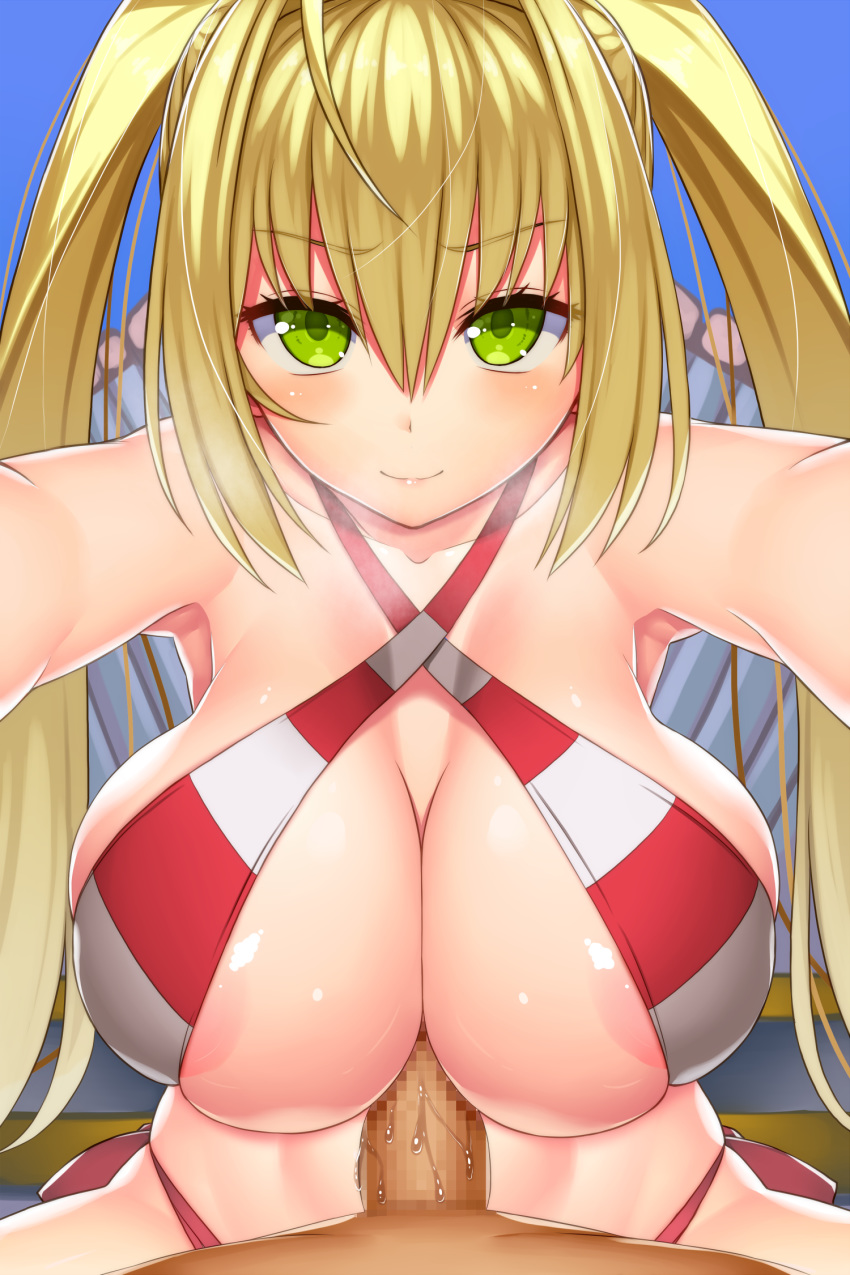 armpits asamura_hiori bare_shoulders blonde_hair censored eyebrows_visible_through_hair fate_(series) highres light_smile long_hair looking_at_viewer nero_claudius_(fate) nero_claudius_(swimsuit_caster) paizuri penis pov solo solo_focus twintails