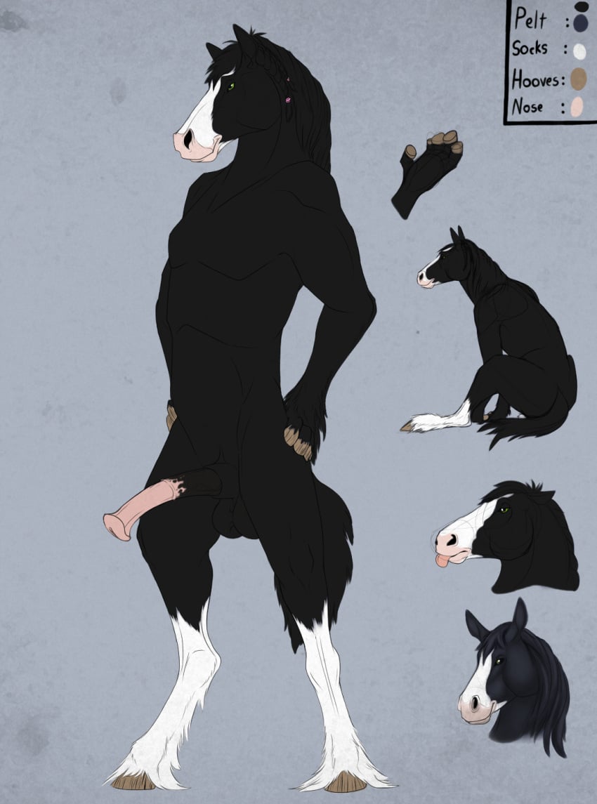 2017 5_fingers anatomically_correct anatomically_correct_penis animal_genitalia animal_penis anthro balls biped black_balls black_hair black_penis black_tail braided_hair brown_hooves color_swatch diesel_(onefinecaprine) digital_media_(artwork) draft_horse equine equine_penis feathering front_view fur green_eyes green_hair grey_background hair half-erect hands_on_hips hi_res hooved_fingers hooves horse horsecock lizet male mammal model_sheet multicolored_penis nude penis pink_penis pink_tongue shire simple_background snout solo standing tongue tongue_out two_tone_penis