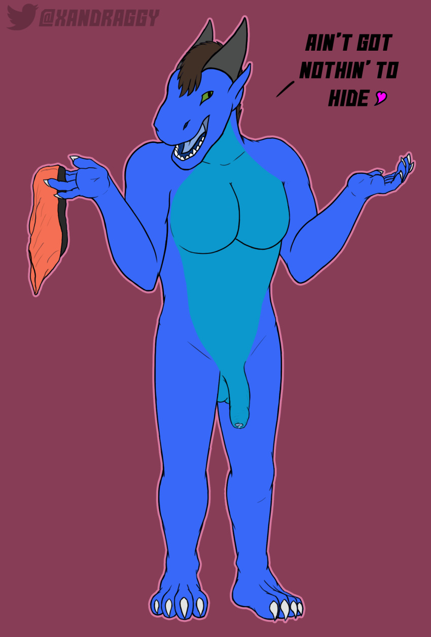 2017 4_toes 5_fingers anthro blue_body blue_scales blue_tongue brown_hair claws clothing dialogue dragon english_text flaccid foreskin green_eyes green_sclera grey_horns hair heart hi_res holding_object holding_underwear male male_only nude penis precum scales scalie shrug solo standing teeth text toes two_tone_body uncut underwear watermark white_claws xanderg xanderg_(artist)