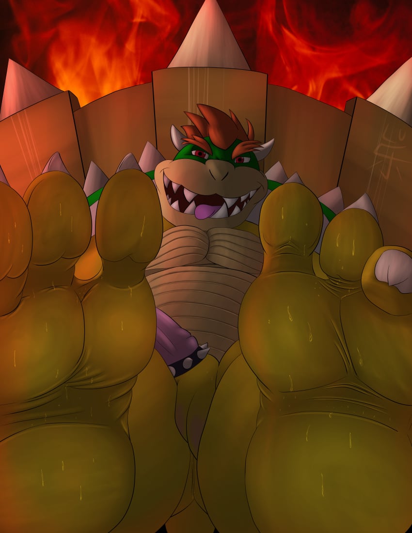 1boy bowser cock_ring digital_media_(artwork) domination feet fire foot_fetish foot_focus koopa lu123 male male_only mario_(series) nintendo paws scalie sitting smile soles solo sweat throne toes video_games