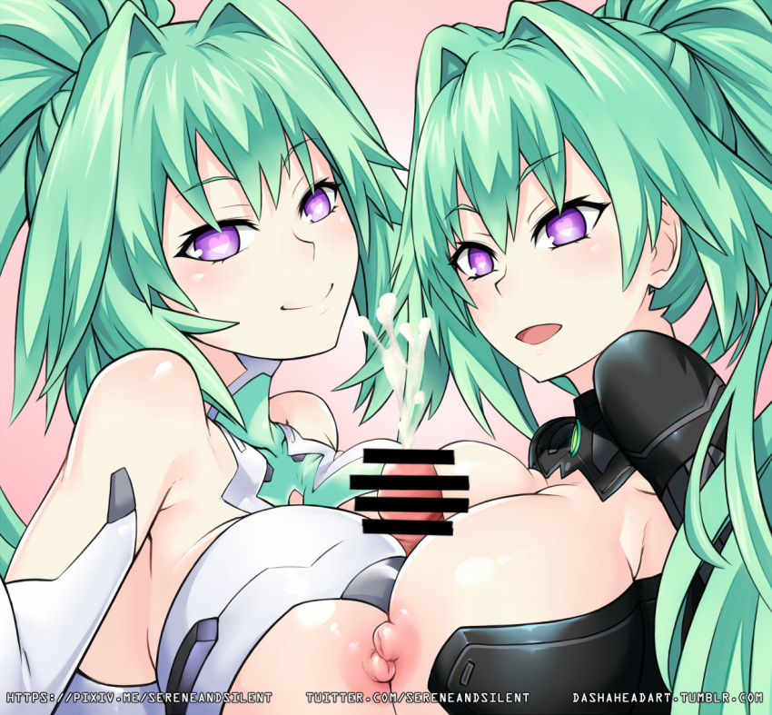 1boy 2girls bar_censor blush bodysuit breast_press breasts censored cleavage cum cum_on_body cum_on_upper_body cumdrip double_paizuri ejaculation ejaculation_between_breasts erect_nipples gloves green_hair green_heart has_uncensored_version heart heart-shaped_pupils large_breasts long_hair looking_at_viewer masturbation multiple_girls multiple_paizuri neptunia_(series) nipples open_mouth paizuri penis pink_background ponytail pov power_symbol purple_eyes sereneandsilent sex shiny shiny_hair shiny_skin solo_focus straight symbol-shaped_pupils symmetrical_docking teamwork tied_hair upper_body vert very_long_hair