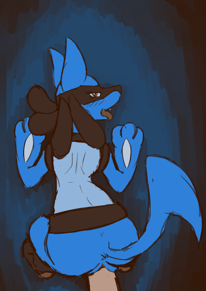 2015 absurd_res anthro anus black_fur blue_fur blush canine disembodied_penis duo eyelashes female first_person_view from_behind_position fur highres human human_on_anthro humanoid_penis interspecies looking_at_viewer looking_back looking_pleasured lucario male male_human/female_anthro male_human/female_pokemon male_penetrating mammal nintendo nude penetration penis pokemon pokemon_(species) pokephilia pussy red_eyes sex simple_background solo_focus straight suk0tto tan_fur teeth tongue tongue_out vaginal_penetration video_games