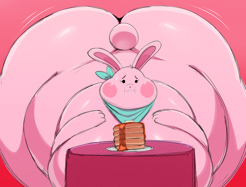 anthro ass big_breasts big_butt blush breasts cute disney female food fun_bun fur huge_breasts huge_butt hyper hyper_breasts hyper_butt hyper_inflation inflation lagomorph mammal morbidly_obese obese overweight pancake pink_fur rabbit ralph_breaks_the_internet rosy_cheeks solo sssonic2 sweat thick_thighs what wreck-it_ralph