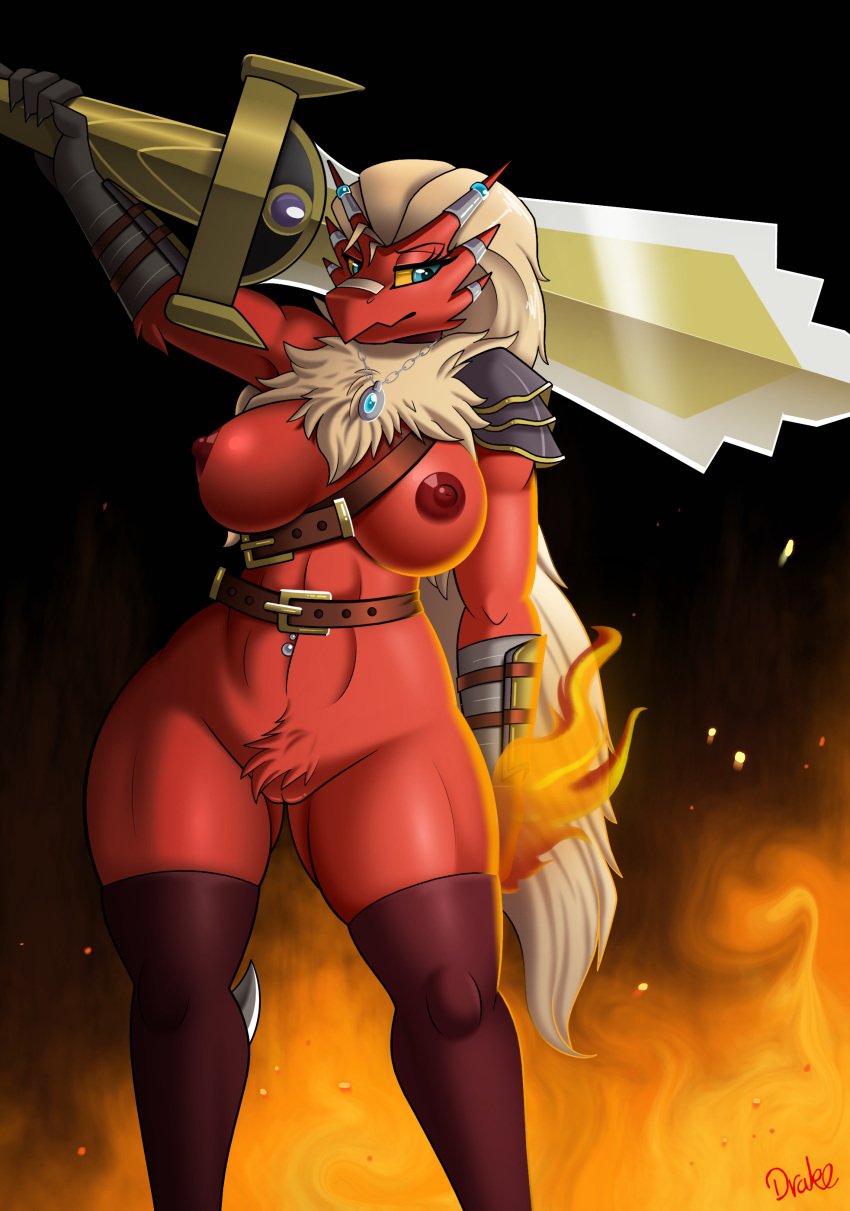 2017 absurdres aegislash anthro areola armor avian blaziken blue_eyes breasts clothing drako1997 eyelashes female fire fur furry highres holding_object holding_weapon long_hair looking_at_viewer melee_weapon nintendo nipples pokemon pokemon_(species) pussy solo sword tail thick_thighs thighhighs weapon yellow_sclera